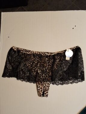 Cache Leopard Print Lace Boyshort Thong - Black and Brown